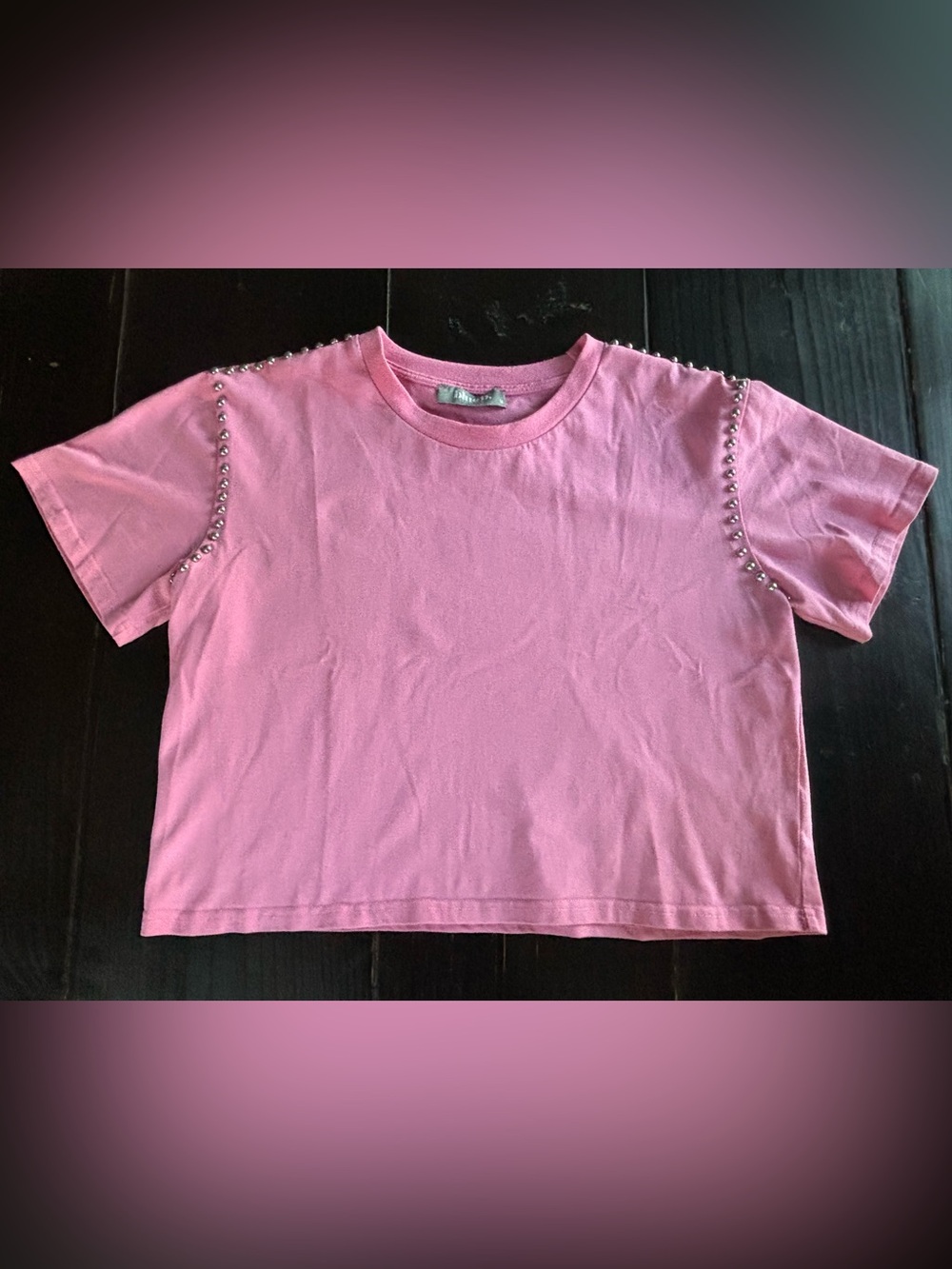 blue b Short sleeves, ruffles, studded detail,pink, cropped top